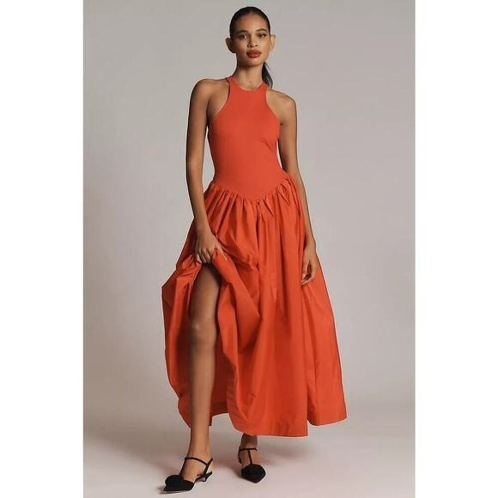 NWT Maeve Sleeveless Crew-Neck Drop-Waist Maxi Dress Sz L Red #8G536